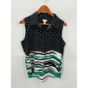 Chicos Sleeveless Button Blouse Black White Green Polka Dot Hi-Lo Hem // L